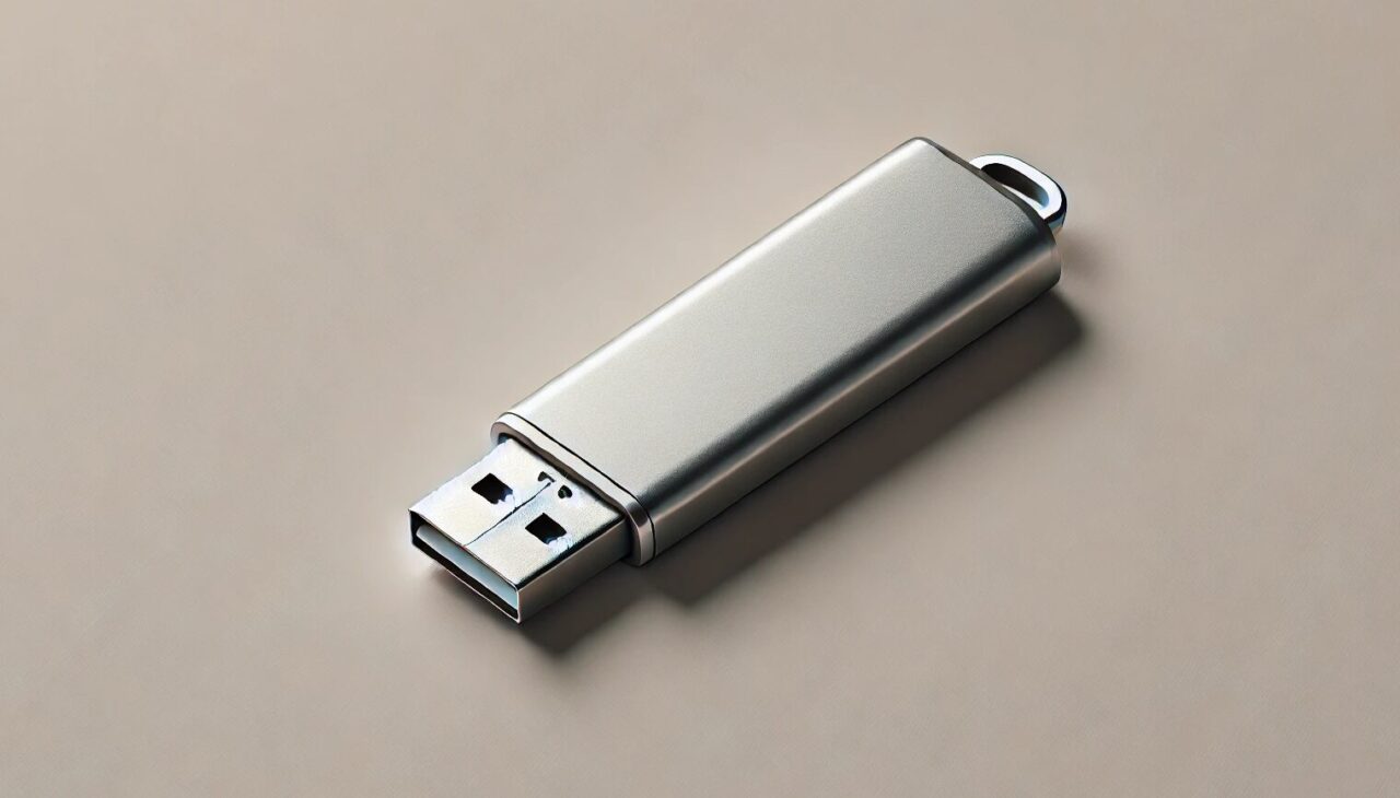 DALLC2B7E 2024 07 24 10.58.31 A simple horizontal image of a USB memory stick. The USB stick is sleek and modern with a minimalist design featuring a metallic body with a cap on t